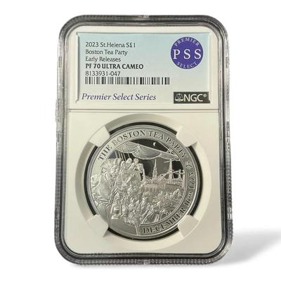 2023 St. Helena PF 70 Ultra Cameo £1 Early Release Silver Boston Tea Party (CVO902) 