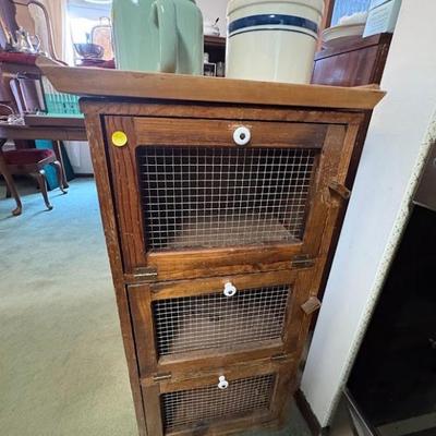 three-tier wooden potato and onion storage bin with wire mesh doors