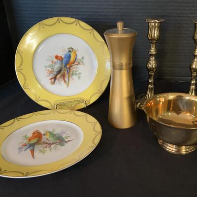 Yellow Germany Parrot Plate Duo & Gotham Gold Candlesticks & More