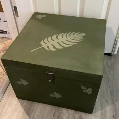 Very Heavy Hand Painted Green Wood Box With Leaves Design