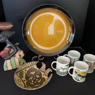 Safari Theme Mugs, Large Kristina College Brown Platter, Kenya Made Fish Bowl & Wall Hanging