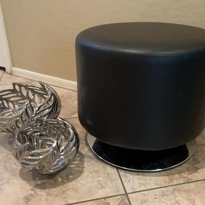 Black Leather Footstool With Silver Base & 2 Silver Accent Leaf Bowls