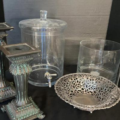Entertaining Essentials - Party Lite Candlesticks, Ornate Silver Bowl, Glass Drink Container