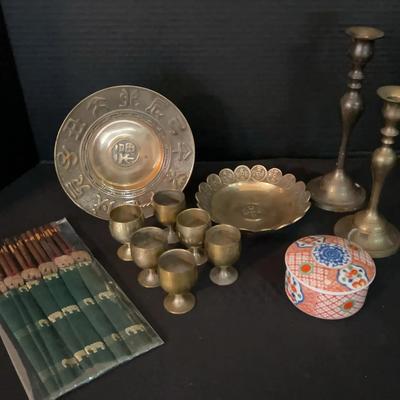 Brass Made In Korea Plate & Bowl, Candlesticks And Mini Cups, Elephant Chopsticks & Japan Trinket
