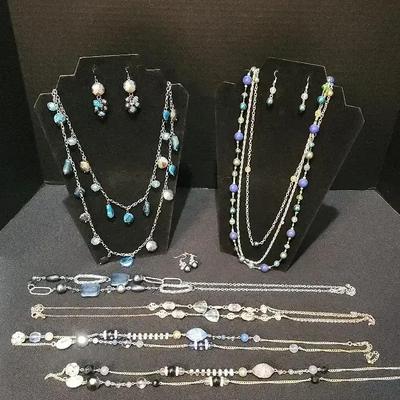 Layered Beaded Necklaces- Blue, Green, Black & Gold - Costume Jewelry