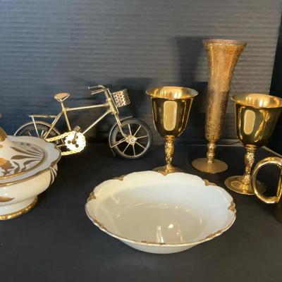 Gold Decor & Kitchen - Metal Bicycle, Stouffer China Hand Painted Covered Bowl, Gold Trim Dish 
