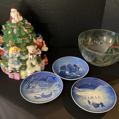 Holiday - Large Spode Christmas Cookie Jar, Hand painted Holly Bowl & B&G Plates