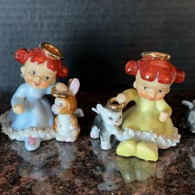 Set (4) Ardalt Red Haired Angel Figurines With Their Animals - Dog, Cat, Bunny, Duck