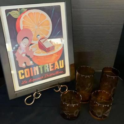 Orange Cointreau Framed Print & 4 Amber Glasses with Etched Glass Floral Design