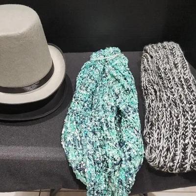 Gray Wool Felt Top Hat with Black Ribbon & (2) Scarves - Black & Grey, Mint & Navy
