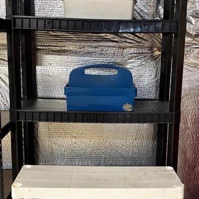 Two Plastic Shelving Units (Black & White) with Two Tool Carriers/Tubs Filled With Tools and Miscell