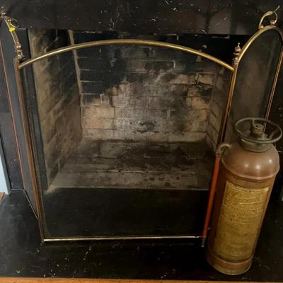 Vintage Pyrene Fire Extinguisher and Brass Firescreen Set