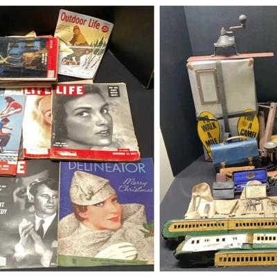 Vintage Medical Tools, Union Pacific Train Cars, Binoculars, Clocks, Metal Lunchbox & Magazine Colle
