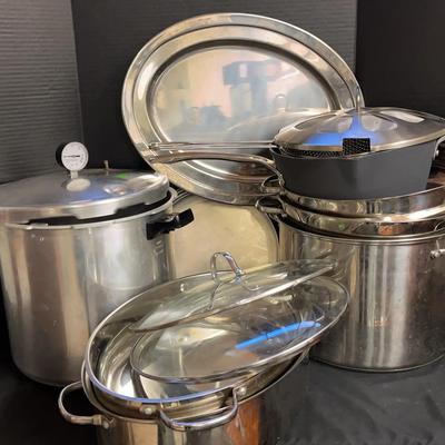 Large Stainless Steel Cookware Lot with Roasters, Stock Pots & Pressure Cooker