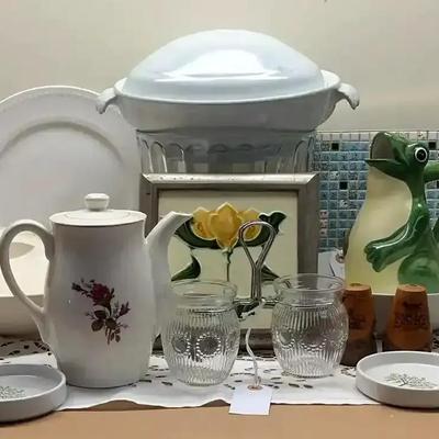 Glass Trifle Bowl, Frog Pitcher, Crown Victoria Plates, Art Tile & Vintage Kitchen Decor Collection