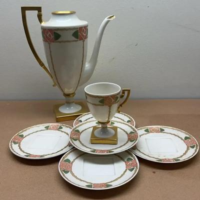 Belleek China Coffee Pot & Matching Plates with Cup, featuring Irish Rose Motif