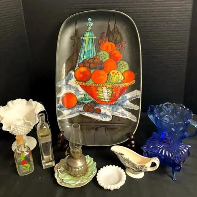 Italian Fruit Design Platter, Fenton Hobnail Vase & Collectible Glassware