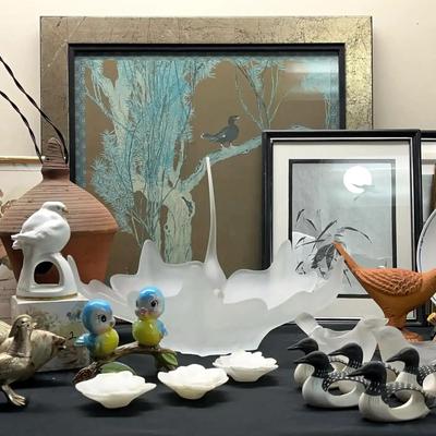 Bird-Themed Décor Collection with Art Prints, Figurines & Frosted Glass Bowl