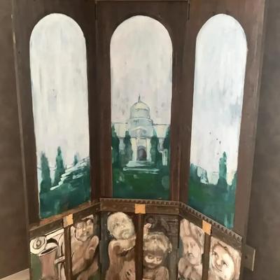 Three-Panel Wooden Folding Screen with Artistic Scene