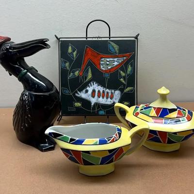 Art Deco Style Ceramic Sugar & Creamer Set with Decorative Tile and Pelican Pitcher