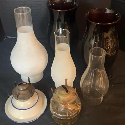 Oil Lamps with Glass Chimneys and Lamp Covers