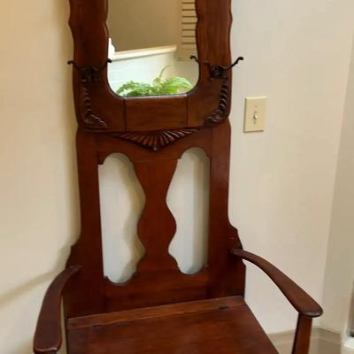 Vintage Hall Tree With Mirror & Storage Bench, featuring Carved Details