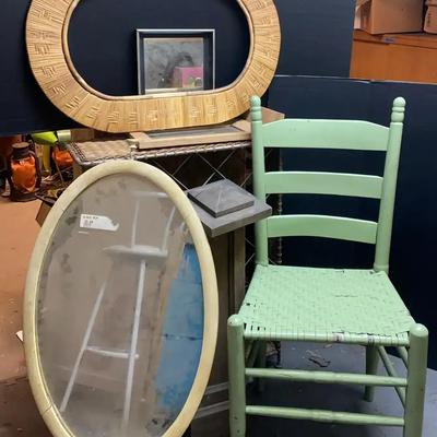 Vintage Wicker-Style Chair, Wine Rack, Frames & Oval Mirror