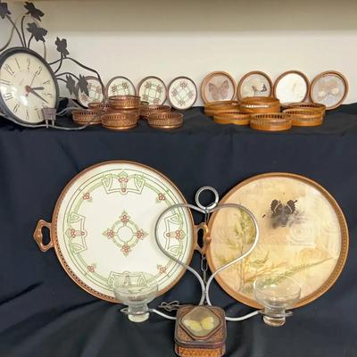 Vintage Coasters with Trays, Clock & Danish Iron Candle Holder