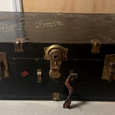 Vintage Black Steamer Trunk with Brass Hardware
