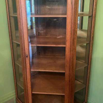 Corner Curio Cabinet with Glass Panels and Wood Shelving