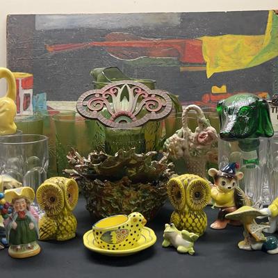 Vintage Figurines, Green Glass Pitcher Set & Assorted Decorative Pieces