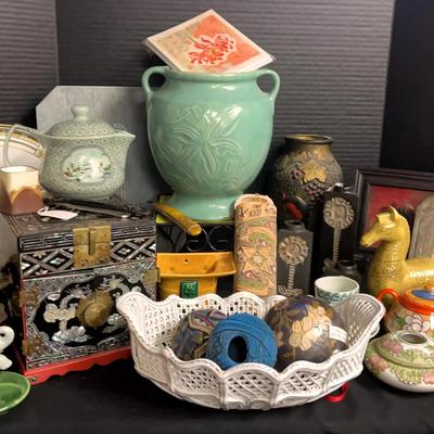 Asian-Inspired Décor Collection with Mother-of-Pearl Jewelry Box, Vases & Figurines