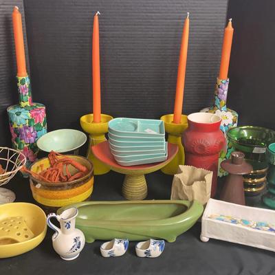Colorful Pottery Collection with McCoy Vase, Delft Shoe & China Sushi Plates