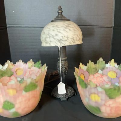 Tiffany-Style Accent Table Lamp with Frosted Reverse-Painted Floral Shades