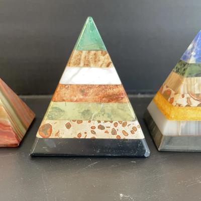 Trio of Colorful Stone Pyramid Paperweights