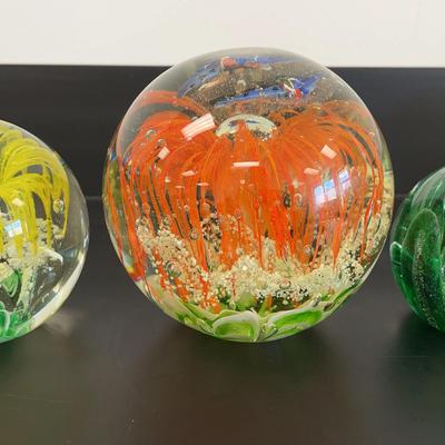 #3 Trio Of Blown Glass Colorful Paperweights