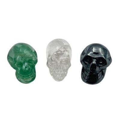 Sale Photo Thumbnail #15: Lot 021   
Flourite and Hematite Colorful Hand Carved Skulls, Set of Three (3)
