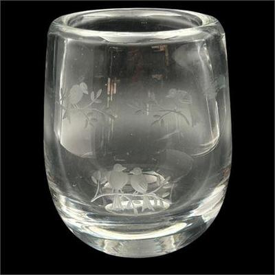 Sale Photo Thumbnail #43: Lot 061  
Swedish Signed Glass Small Vase, Etched With Love Birds on Tree Branch