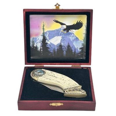Sale Photo Thumbnail #59: Lot 082   
Collector's Vintage Pocket Knife, With Image of Bald Eagle, Wooden Storage Box
