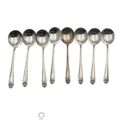 Sale Photo Thumbnail #52: Lot 072  
Holmes and Edwards, Inlaid Silver Soup Spoons, Set of Eight (8)