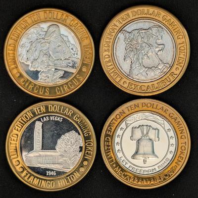 4 $10 Dollar Silver Casino Tokens 