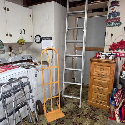Sale Photo Thumbnail #158: Ladder, dolly, wood filing cabinet
