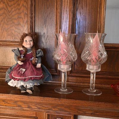 Sale Photo Thumbnail #55: Antique porcelain doll, crystal candle holders
