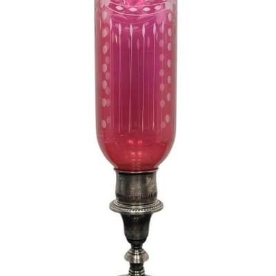 Sale Photo Thumbnail #11: Elmore Sterling Silver & Cranberry Glass Hurricane Lamp