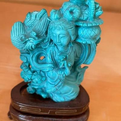 HKF044 - Chinese Turquoise Lady With Basket Figurine 