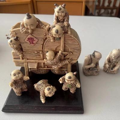 HKF075 - Set of Vintage Chinese Bone Sculpture – Scholars at Play & Harvest Scene with Children