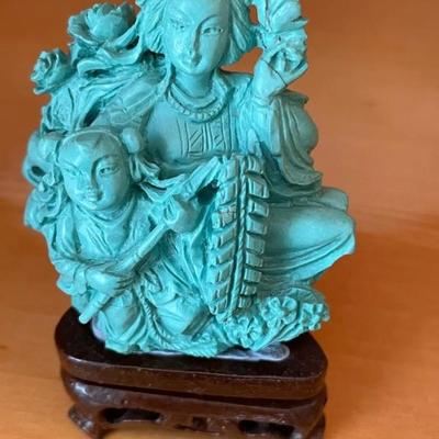 HKF045 - Chinese Turquoise Lady With Child Figurine 