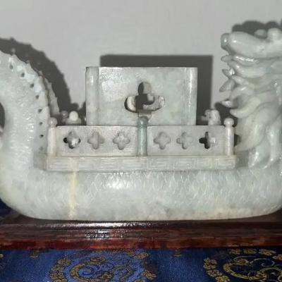 HKF321 Hand Carved Chinese Jade Dragon Boat