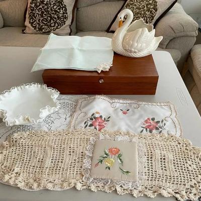 HKF188 - Wooden Silverware Case, Swan Planter, Candy Dish, & Doilies 