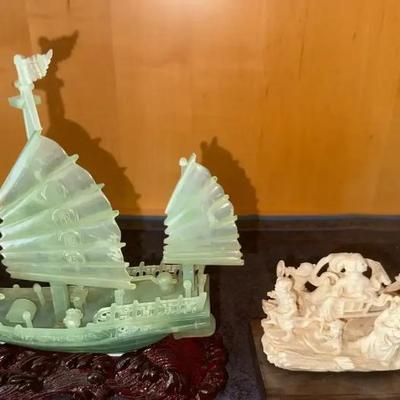 HKF065 Jade Chinese Ship and Soapstone Carvings